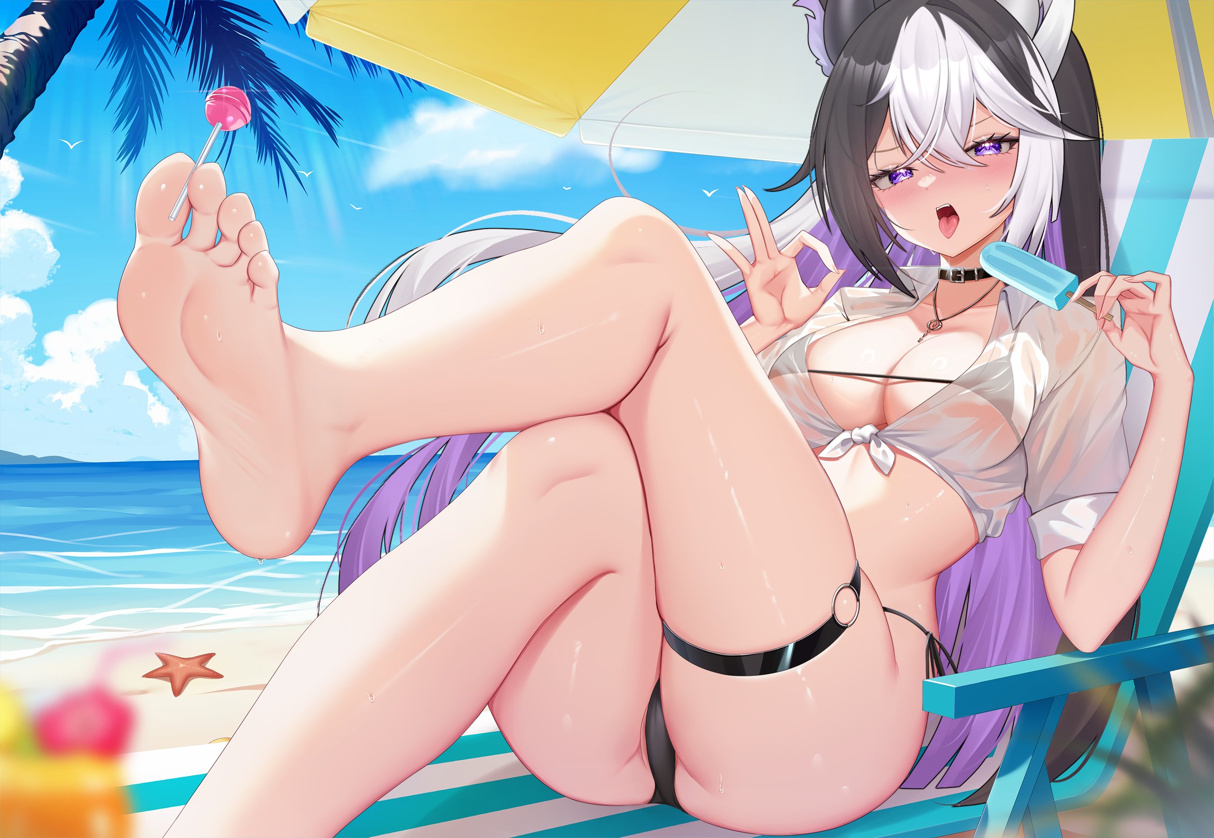 zaikiai, indie virtual youtuber, animal ears, beach, bikini, breasts, candy, cleavage, cloud, coconut tree, day, food, lollipop, long hair, looking at viewer, medium breasts, multicolored hair, palm tree, panties, popsicle, purple eyes, starfish, summer, summer uniform, swimsuit, tree, umbrella, underwear, virtual youtuber, water