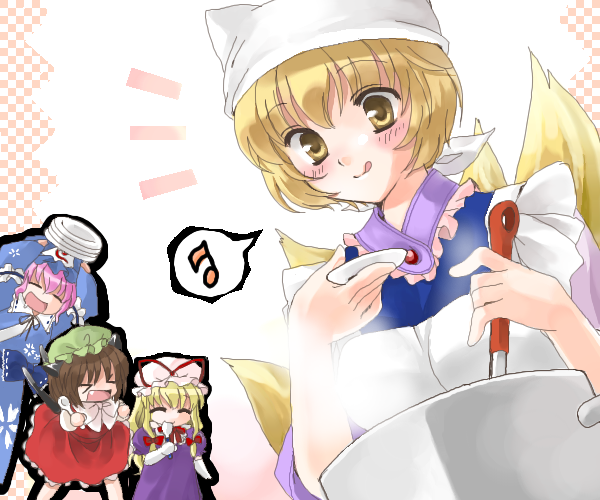 coco (artist), chen, saigyouji yuyuko, yakumo ran, yakumo yukari, touhou, > <, 4girls, ^ ^, animal ears, apron, blonde hair, blush, bow, cat ears, cat girl, cat tail, closed eyes, cooking, cooking pot, dress, elbow gloves, fang, female focus, gloves, hat, japanese clothes, ladle, long hair, multiple girls, multiple tails, musical note, oekaki, open mouth, pink hair, plate, ribbon, saliva, short hair, smile, spoon, tail, tongue, triangular headpiece, twintails