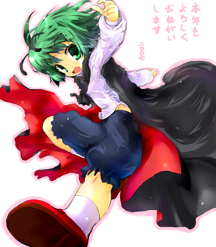 midori ya, ozaki, wriggle nightbug, touhou, 1girl, antennae, cape, female focus, green hair, oekaki, solo