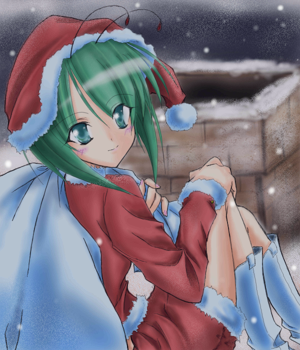 wriggle nightbug, touhou, 1girl, antennae, christmas, female focus, green eyes, green hair, hat, matching hair/eyes, oekaki, outdoors, santa costume, sky, snow, solo