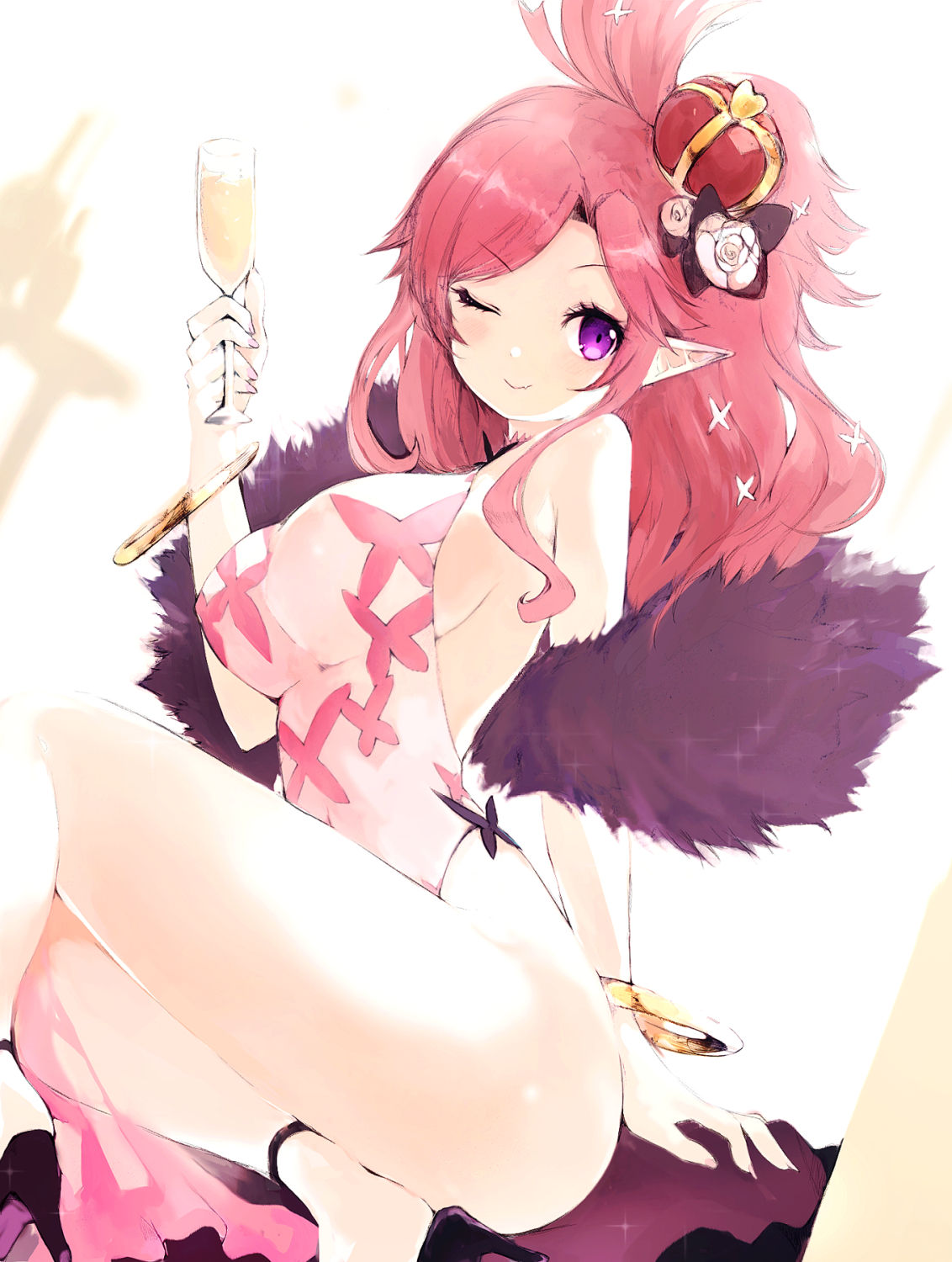 tsutsugano, seraphina (disgaea), disgaea, highres, 1girl, animal print, bracelet, breasts, butterfly print, crown, cup, demon girl, dress, drinking glass, feather boa, high heels, holding, holding cup, jewelry, long hair, mini crown, one eye closed, pink dress, pink hair, pointy ears, purple eyes, red crown, sitting, smile, thighs, white background, wine glass