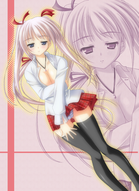 skywaker, original, 1girl, breasts, cleavage, female focus, large breasts, panties, solo, striped clothes, striped panties, thighhighs, twintails, underwear