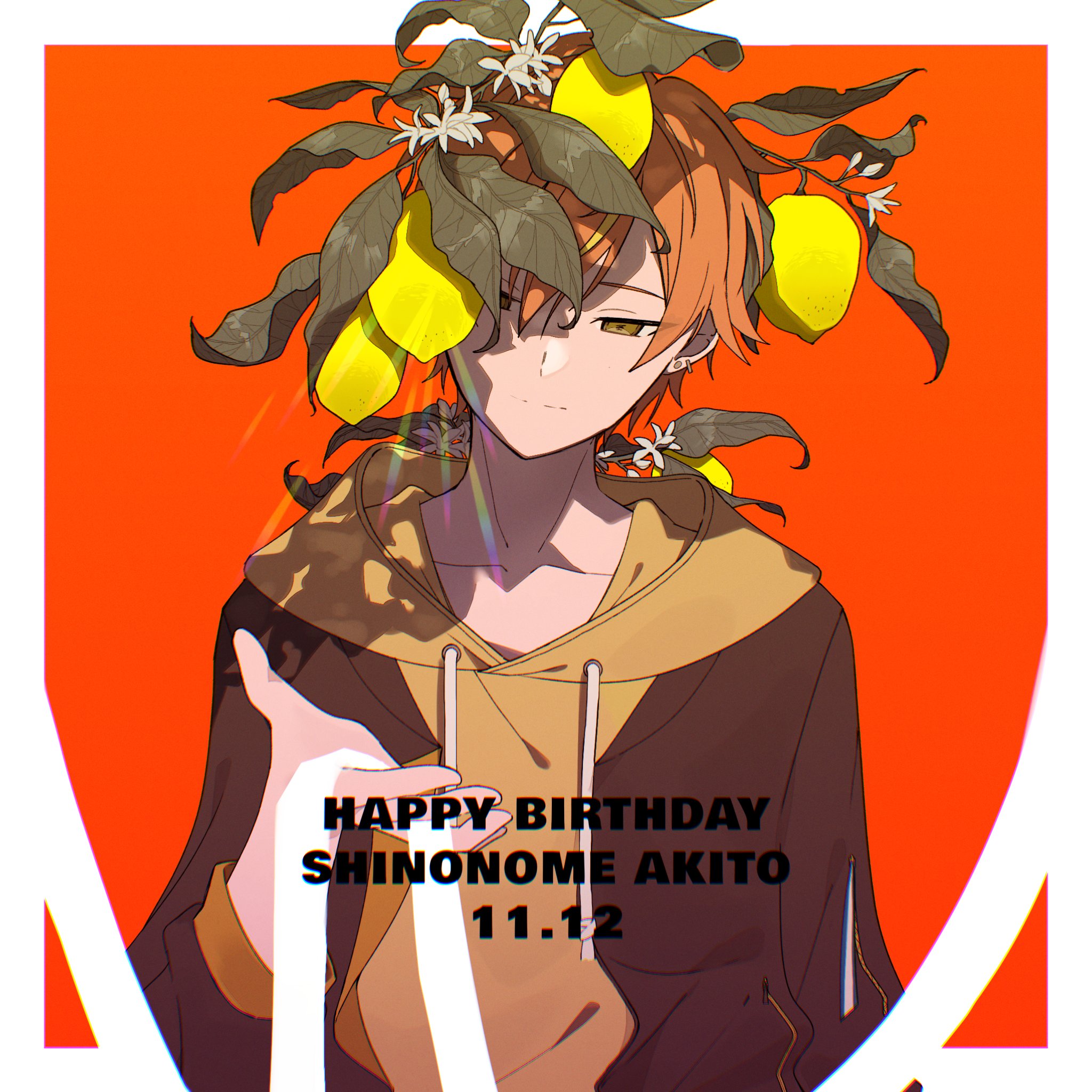 teacrown, shinonome akito, project sekai, commentary request, highres, 1boy, blonde hair, character name, closed mouth, dated, drawstring, earrings, flower, hand up, happy birthday, hood, hoodie, jacket, jacket over hoodie, jewelry, leaf, male focus, multicolored hair, open clothes, open jacket, orange hair, solo, streaked hair, three-quarter sleeves, upper body, white flower, yellow hoodie
