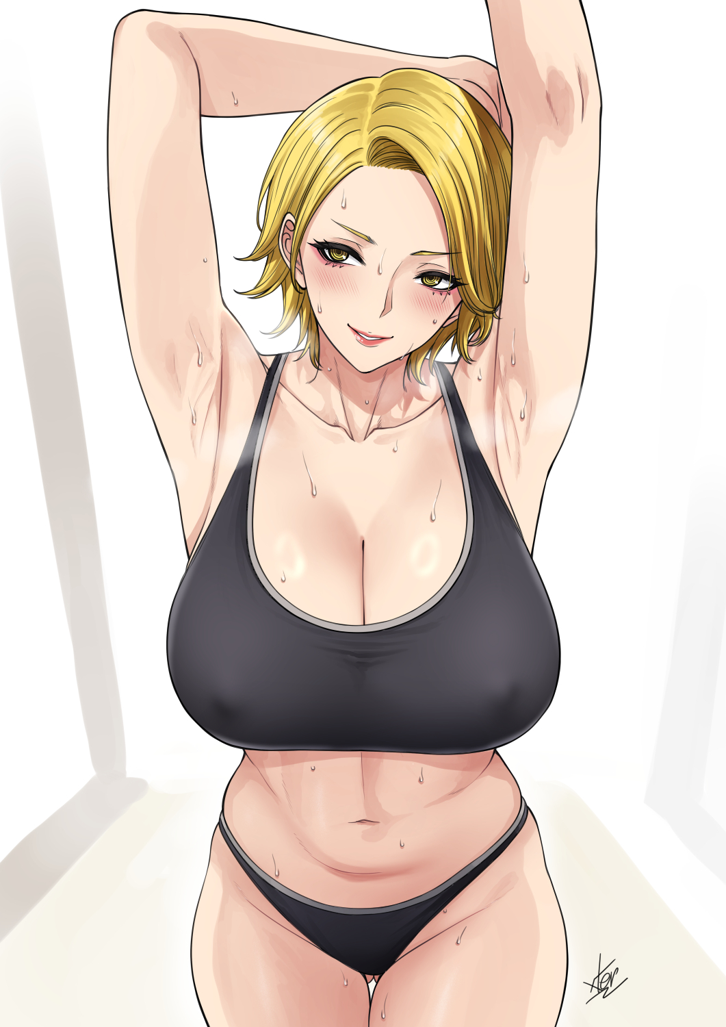 xter, sazanami kuina, tougen anki, highres, 1girl, armpits, black bra, black panties, blonde hair, blush, bra, breasts, cleavage, collarbone, groin, large breasts, looking at viewer, mature female, navel, panties, parted lips, short hair, smile, solo, sports bra, sweat, thighs, underwear, yellow eyes