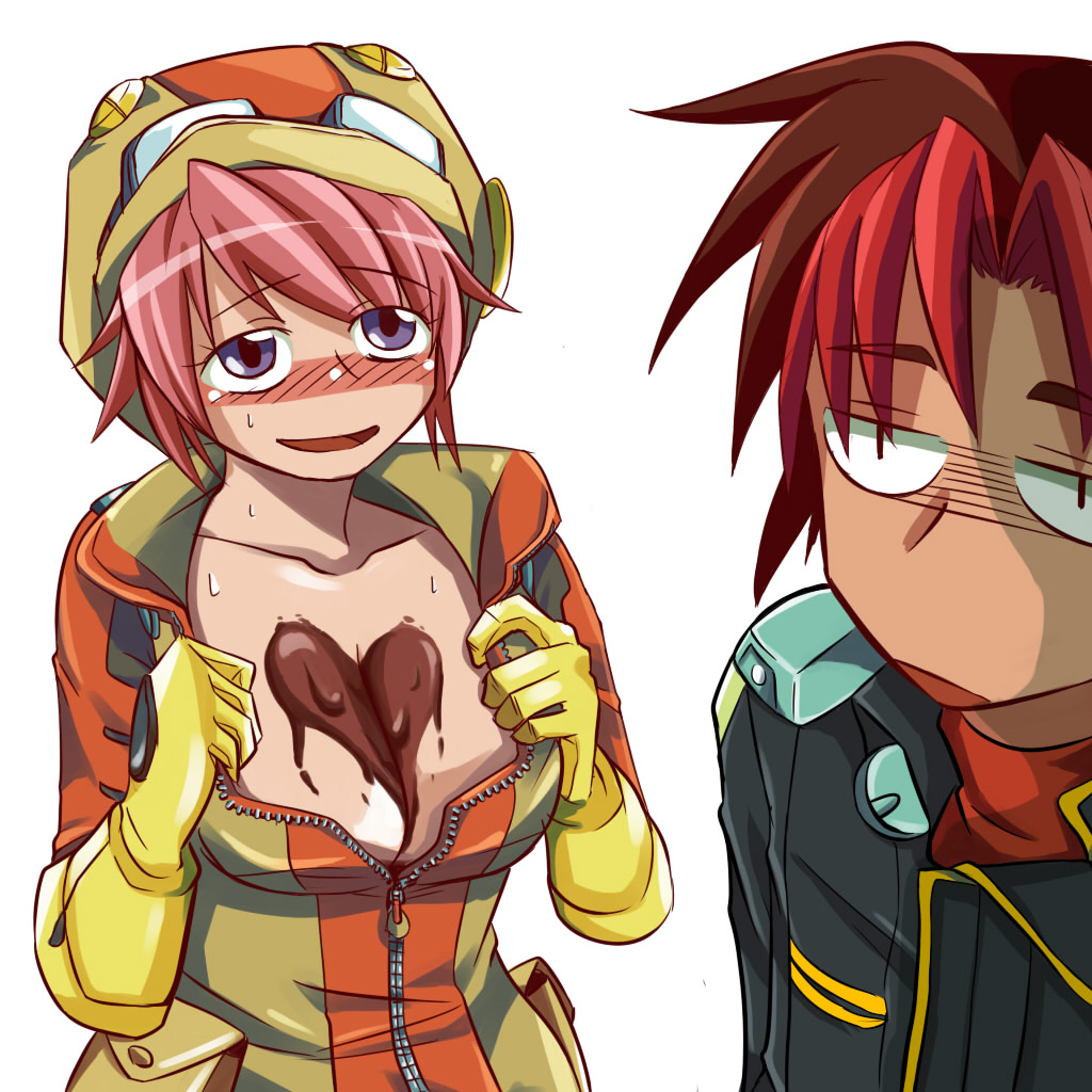 mizuho saiki, raul gureden, banpresto, super robot wars, super robot wars original generation, super robot wars original generation gaiden, 1boy, 1girl, between breasts, blush, breasts, chocolate, chocolate on body, chocolate on breasts, cleavage, food on body, gloves, goggles, hat, heart, multicolored hair, pink hair, red hair, short hair, two-tone hair, valentine