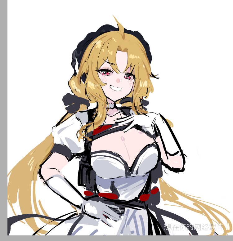 bisaytin, s-acr (girls' frontline), girls' frontline, 1girl, ahoge, blonde hair, breasts, cleavage, dress, gloves, grin, hair ornament, hand on own chest, large breasts, long hair, low twintails, puffy short sleeves, puffy sleeves, red eyes, short sleeves, sketch, smile, solo, twintails, upper body, white background, white dress, white gloves