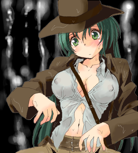 yagisaka seto, indiana jones, jochuu-san, indiana jones (series), original, lowres, 1girl, cosplay, female focus, green hair, hat, indiana jones (cosplay), oekaki, solo, wet