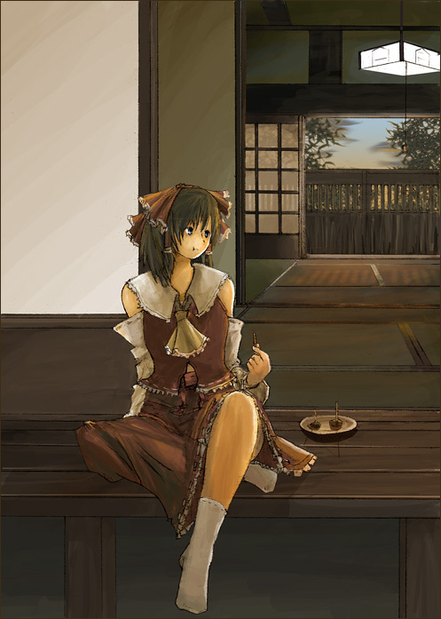 kuro (catcap), hakurei reimu, kamin, touhou, bad id, bad pixiv id, 1girl, :t, ascot, detached sleeves, eating, female focus, food, sitting, socks, solo, tatami, veranda, white socks, yellow ascot