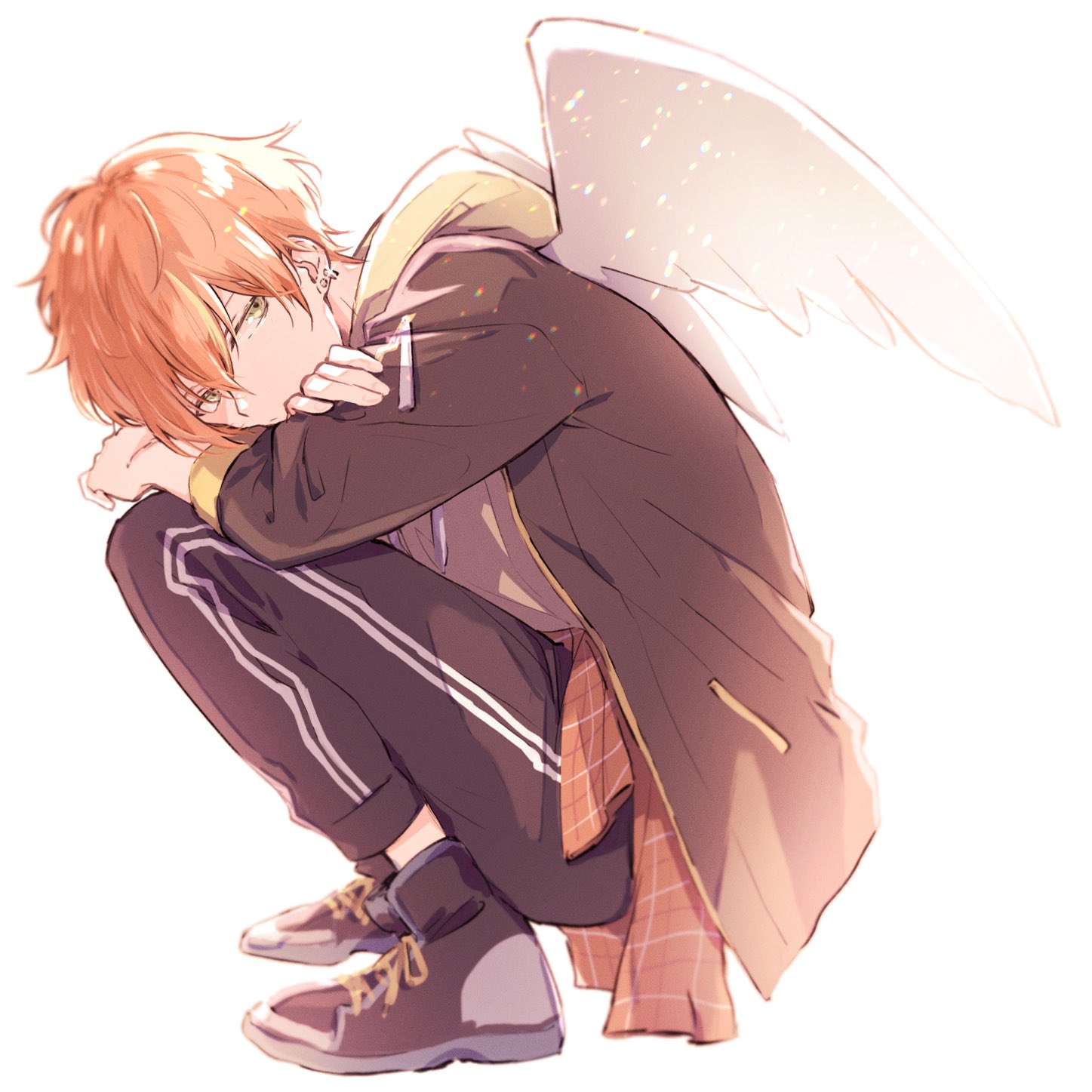 kuuu ilst, shinonome akito, project sekai, commentary request, highres, 1boy, angel wings, covered mouth, crossed arms, earrings, full body, green eyes, hood, hood down, jacket, jewelry, male focus, open clothes, open jacket, short hair, solo, squatting, three-quarter sleeves, white background, wings