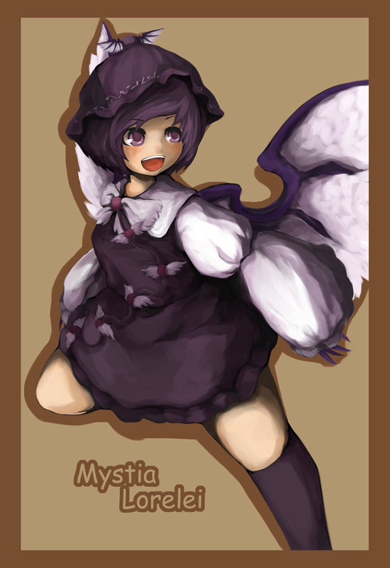 laboto, mystia lorelei, touhou, eyebrows, 1girl, bird wings, character name, dress, female focus, hat, hetareya, long sleeves, open mouth, puffy long sleeves, puffy sleeves, purple eyes, purple hair, short hair, solo, teeth, thighhighs, wings