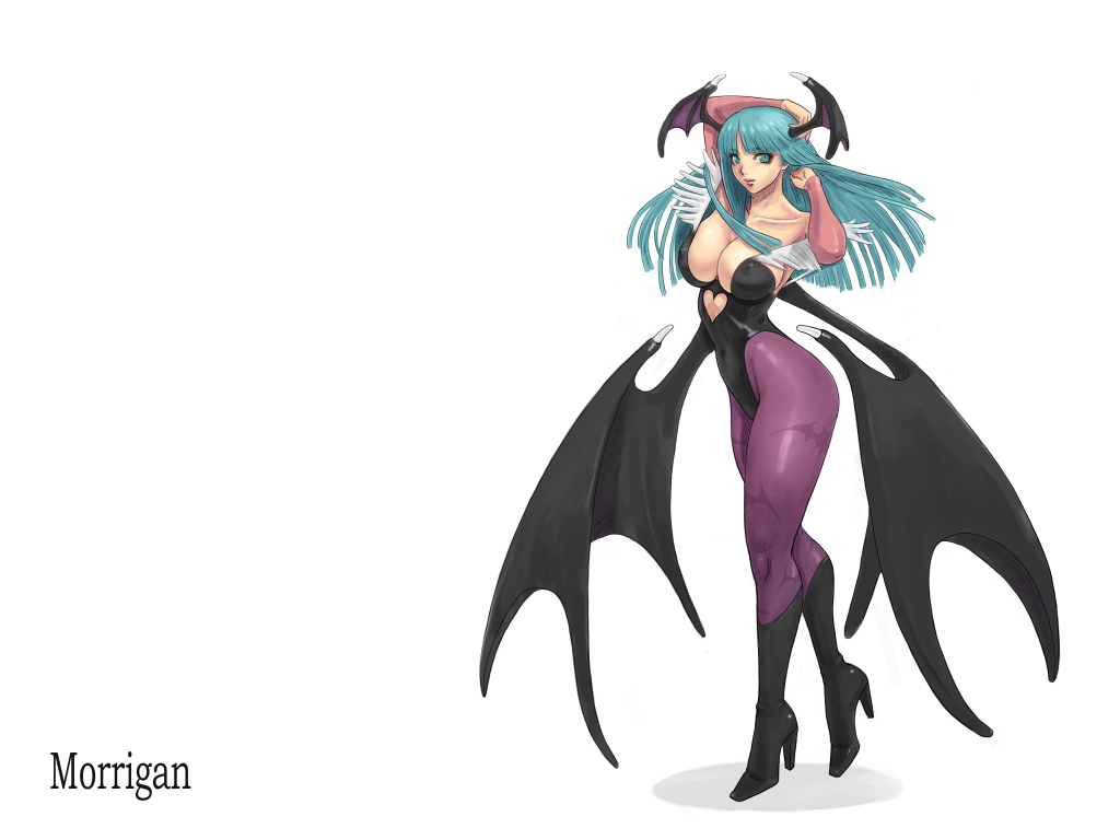 ark (morita hitomi), morrigan aensland, capcom, darkstalkers, 1girl, animal print, bat print, black boots, boots, character name, demon girl, female focus, full body, head wings, leotard, pantyhose, print pantyhose, simple background, solo, white background, wings