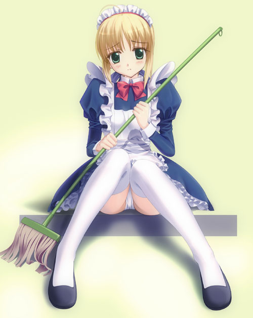artoria pendragon (fate), saber (fate), fate/stay night, fate (series), 00s, 1girl, alternate costume, blonde hair, blush, enmaided, female focus, flats, green eyes, holding, maid, mop, panties, pantyshot, ribbon, short hair, simple background, sitting, solo, thighhighs, underwear
