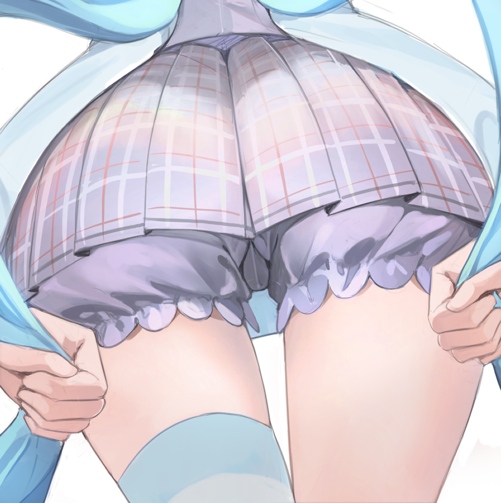hornfelstone, kimi no koto ga dai dai dai dai daisuki na 100-nin no kanojo, commentary, english commentary, 1girl, ass, bloomers, blue hair, futate eru, long hair, lower body, miniskirt, plaid clothes, plaid skirt, pleated skirt, simple background, single thighhigh, skirt, solo, thigh gap, thighhighs, twintails, underwear, very long hair, white background, white thighhighs