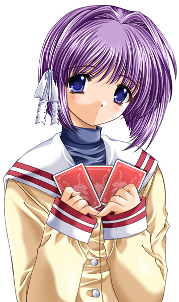 nishimata aoi, fujibayashi ryou, clannad, 00s, 1girl, card, female focus, holding, holding card, school uniform, serafuku, solo