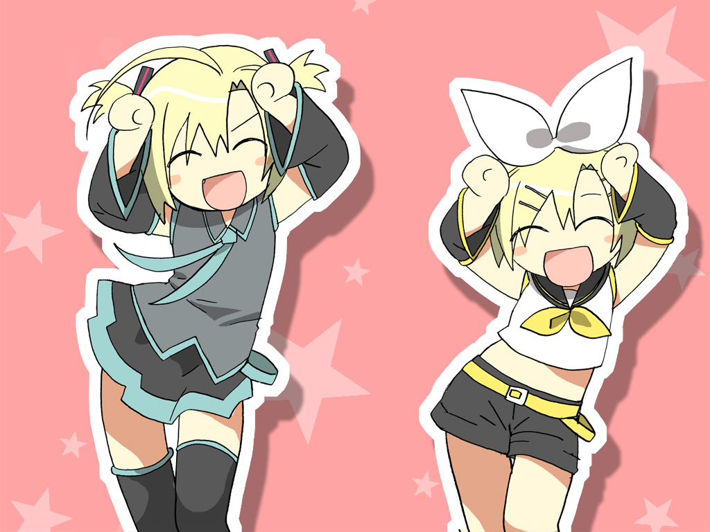 koge donbo, hatsune miku, kagamine rin, kazune kujyou, kazune miku, kujou kazune, kamichama karin, popotan, vocaloid, 1boy, 1girl, caramelldansen, cosplay, crossdressing, hatsune miku (cosplay), kagamine rin (cosplay), thighhighs, trap