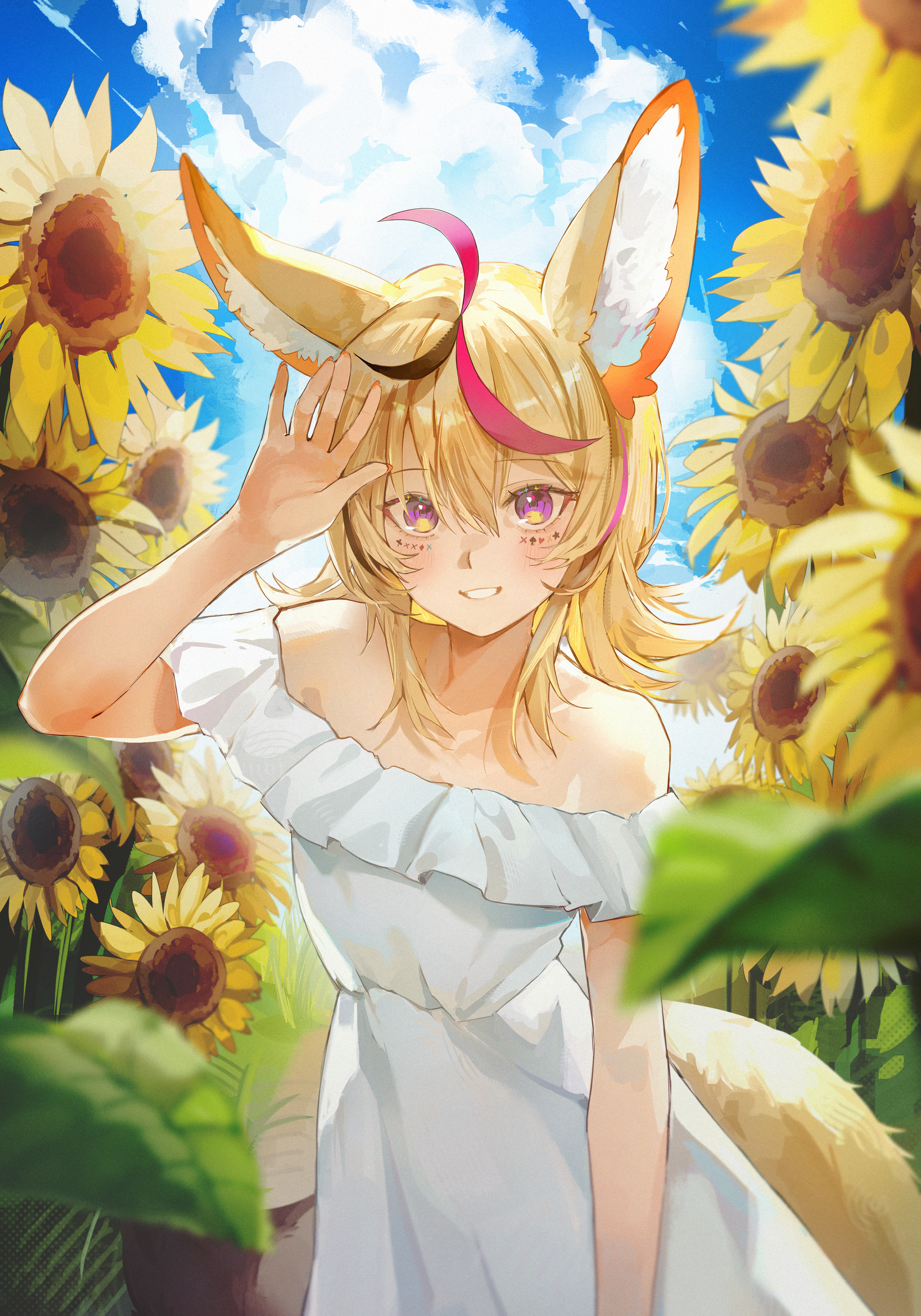 littlemisstina (artist), omaru polka, omaru polka (holonatsu paradise), hololive, absurdres, highres, revision, 1girl, ahoge, animal ear fluff, animal ears, black streaks, blonde hair, dress, field, flower, flower field, fox ears, fox girl, fox tail, frilled dress, frills, hand up, heart, heart in eye, long hair, looking at viewer, multicolored hair, off-shoulder dress, off shoulder, outdoors, pink streaks, purple eyes, solo, streaked hair, sundress, sunflower, sunflower field, symbol in eye, tail, virtual youtuber, waving, white dress
