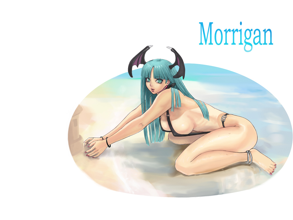 ark (morita hitomi), morrigan aensland, capcom, darkstalkers, 1girl, barefoot, beach, blue eyes, blue hair, character name, demon girl, female focus, head wings, matching hair/eyes, nail polish, purple nails, slingshot swimsuit, solo, swimsuit, wings