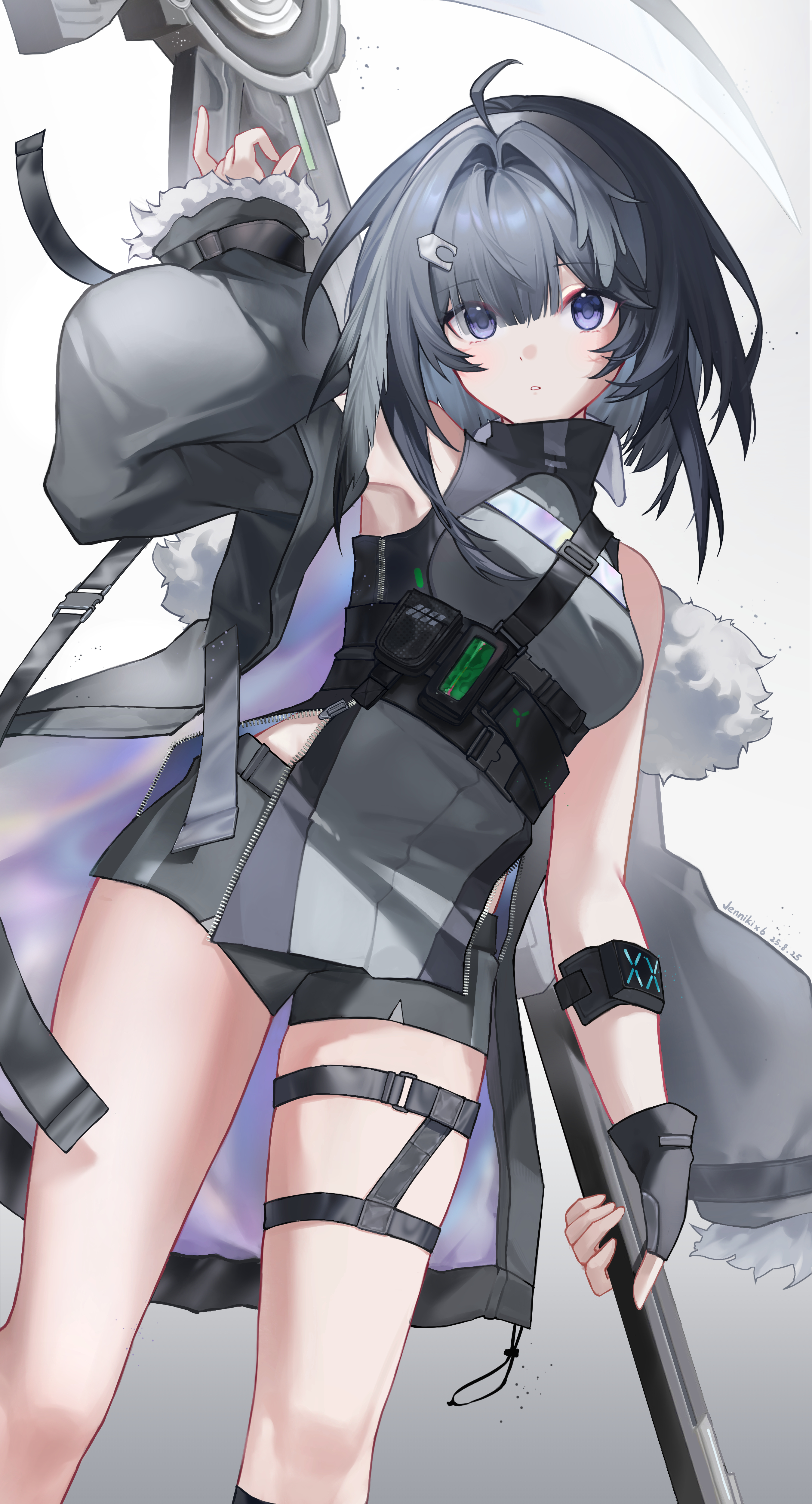 wumimiao, infection monitor (arknights), la pluma (arknights), arknights, absurdres, commentary, english commentary, highres, 1girl, ahoge, bare shoulders, black gloves, black hair, black shorts, breasts, cowboy shot, dated commentary, expressionless, feather hair, fingerless gloves, fur-trimmed jacket, fur trim, gloves, grey background, hair ornament, hairclip, holding, holding scythe, holding weapon, jacket, long sleeves, looking at viewer, parted lips, purple eyes, scythe, shorts, simple background, solo, weapon, zipper, zipper pull tab