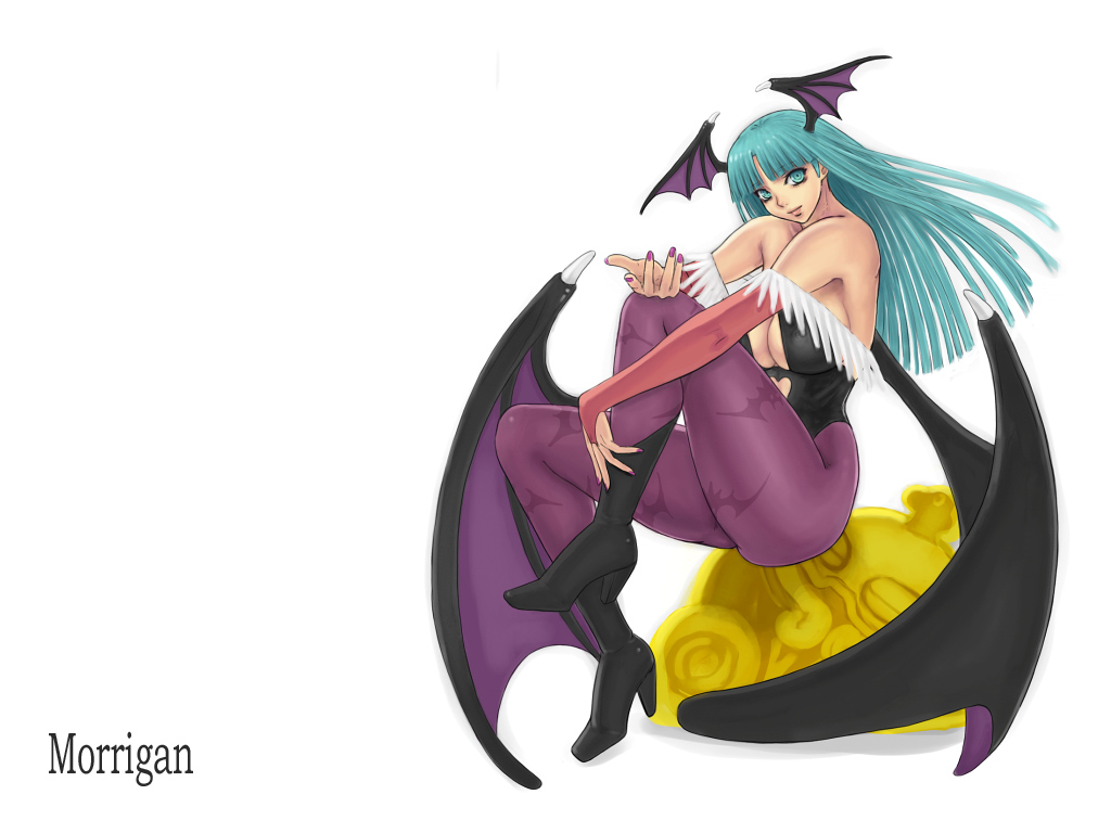 ark (morita hitomi), huitzil (darkstalkers), morrigan aensland, capcom, darkstalkers, 1girl, animal print, bat print, character name, demon girl, female focus, fingernails, head wings, long fingernails, nail (hardware), nail polish, pantyhose, print pantyhose, purple nails, solo, wings
