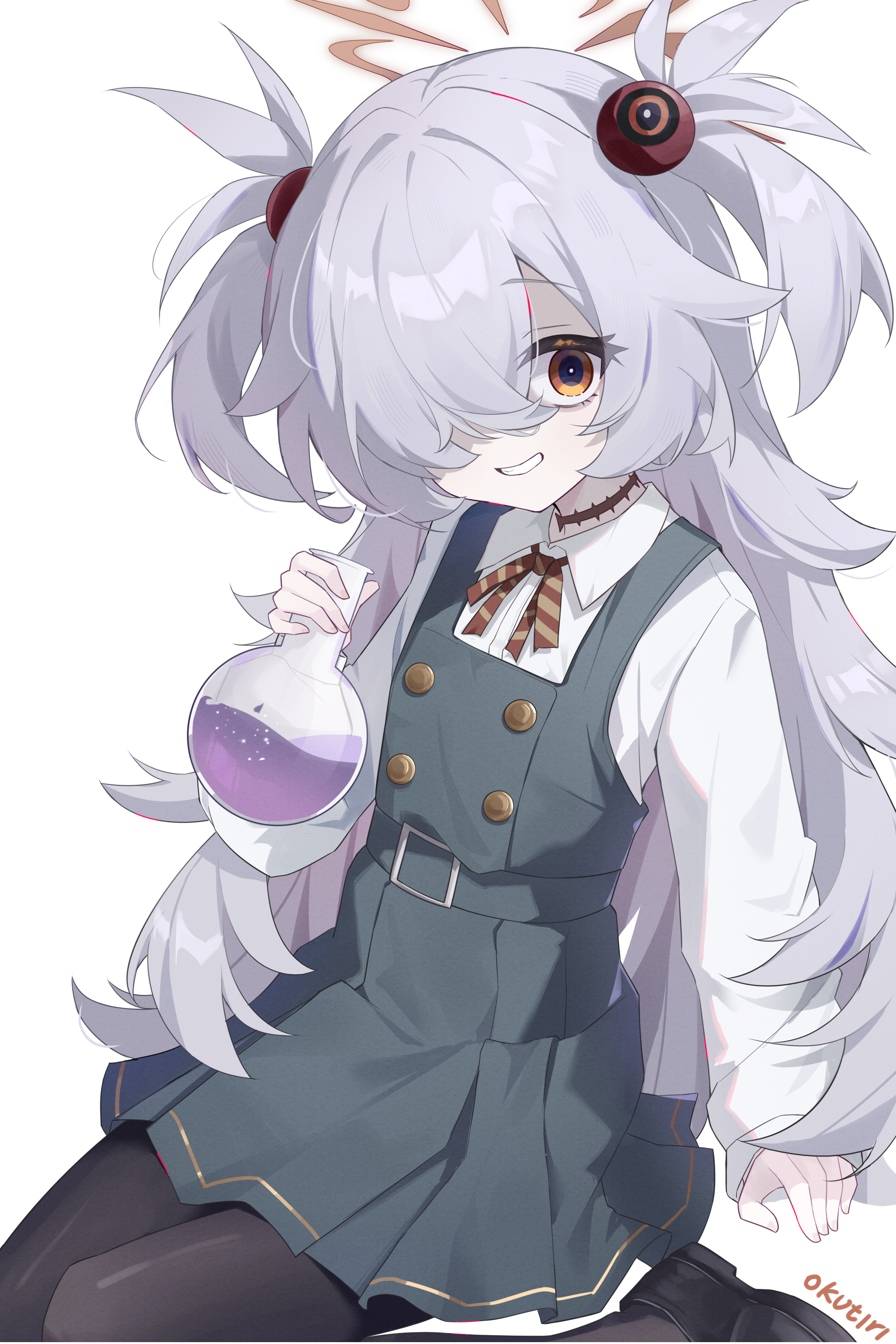 exusiai dust, kanoe (blue archive), blue archive, absurdres, commentary, highres, revision, 1girl, black pantyhose, black shoes, brown eyes, brown halo, collared shirt, dress, flask, flat chest, grey hair, grey shirt, hair over one eye, halo, holding, holding flask, long hair, long sleeves, looking at viewer, miniskirt, neck ribbon, pantyhose, parted lips, pinafore dress, pleated skirt, red ribbon, ribbon, round-bottom flask, shirt, shoes, simple background, skirt, sleeveless, sleeveless dress, smile, solo, two side up, white background, white shirt