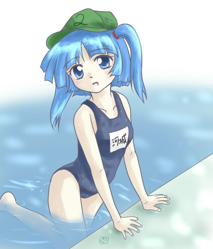 kawashiro nitori, touhou, lowres, 1girl, blue eyes, blue hair, clothes writing, female focus, hat, matching hair/eyes, name tag, one-piece swimsuit, school swimsuit, short hair, solo, swimsuit, twintails, two side up
