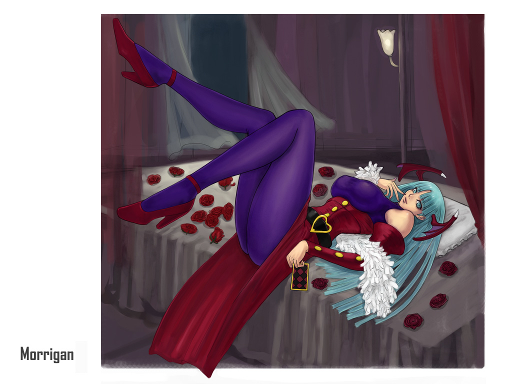 ark (morita hitomi), morrigan aensland, rose (street fighter), capcom, darkstalkers, street fighter, street fighter zero (series), street fighter zero i, 1girl, bat wings, bed, bedroom, belt, boots, breasts, buttons, character name, company connection, cosplay, crossover, curtains, demon girl, dress, female focus, flower, gloves, green eyes, green hair, head wings, high heels, huge breasts, lamp, legs, long hair, long legs, matching hair/eyes, nail polish, panties, pantyhose, pantyshot, pillow, rose, rose (street fighter) (cosplay), shoes, sideboob, solo, spandex, spread legs, thick thighs, thighs, underwear, wings