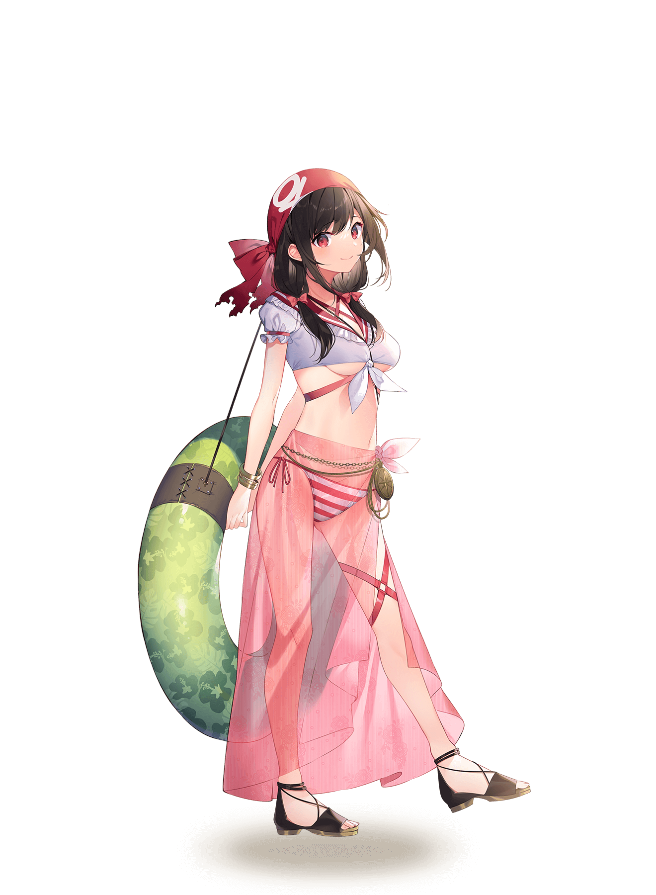mishima kurone, yunyun (konosuba), kono subarashii sekai ni shukufuku wo!, highres, official art, second-party source, 1girl, arms behind back, bandana, bikini, black hair, bow, breasts, brown sandals, closed mouth, full body, green innertube, hair bow, holding, holding swim ring, innertube, looking at viewer, pink sarong, red bandana, red bow, red eyes, red sailor collar, sailor collar, sandals, sarong, see-through clothes, see-through sarong, shirt, short sleeves, side-tie bikini bottom, simple background, smile, solo, standing, standing on one leg, striped bikini, striped clothes, swim ring, swimsuit, tachi-e, tied shirt, transparent background, underboob, white shirt