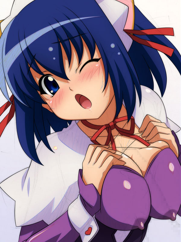 sugimura tomokazu, kokubunji koyori, nurse witch komugi-chan, unfinished, 00s, 1girl, ;o, blue eyes, blue hair, blush, breast suppress, breasts, choker, cleavage, covered erect nipples, female focus, hair ribbon, hairband, head tilt, heart, lactation, lactation through clothes, large breasts, long sleeves, maid, matching hair/eyes, neck ribbon, one eye closed, open mouth, ribbon, saliva, short hair, solo, stain, tears, tongue, wink, wrist cuffs