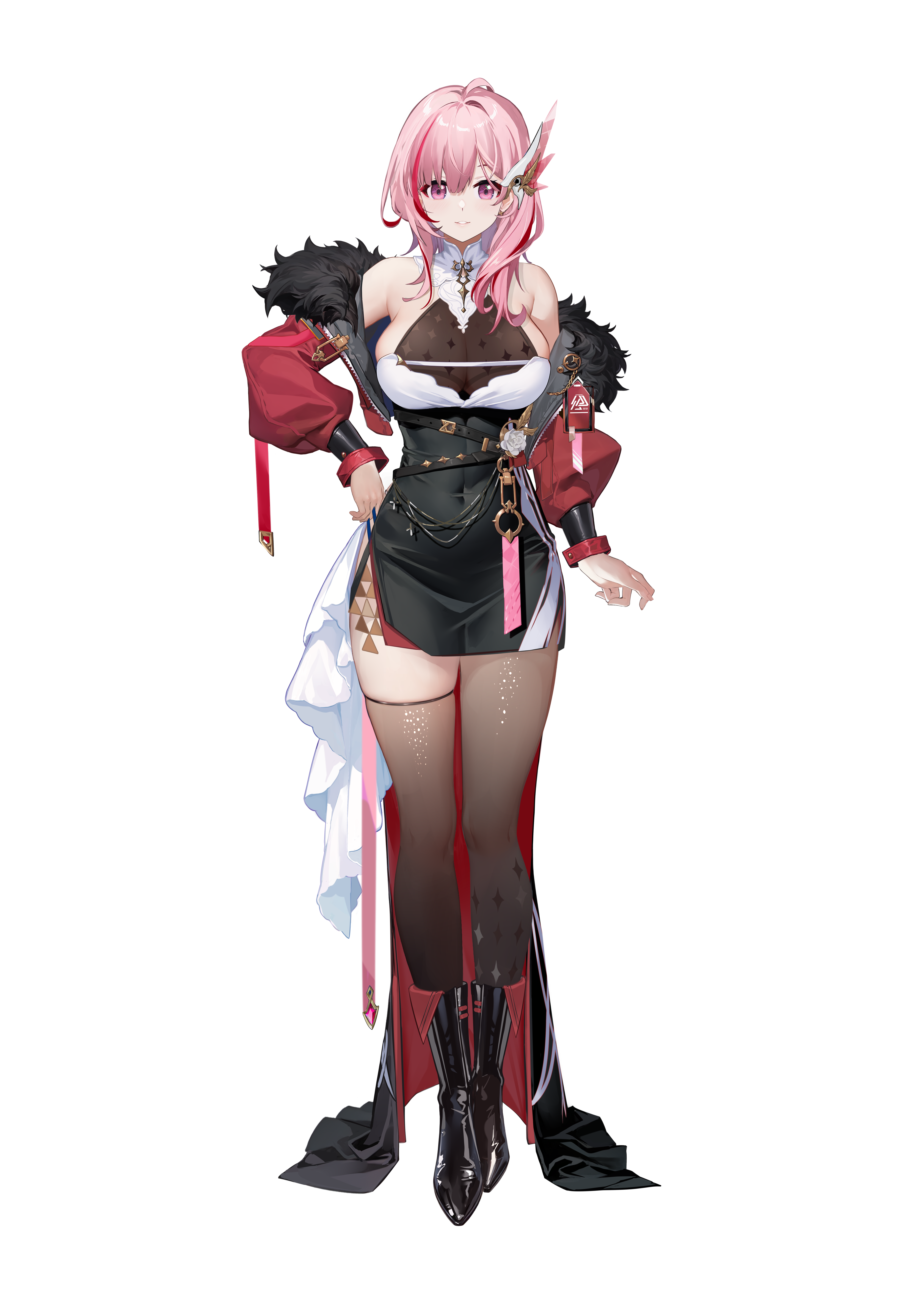 absurdres, artist request, highres, third-party source, 1girl, asymmetrical legwear, black boots, black skirt, boots, breasts, fionna fon engels, flower, full body, fur-trimmed jacket, fur trim, hair ornament, high-waist skirt, jacket, large breasts, long hair, long sleeves, pink hair, project: verses, purple eyes, red hair, red jacket, rose, see-through cleavage, see-through clothes, skirt, solo, transparent background, virtual youtuber, white flower, white rose, zipper
