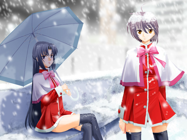 sentape, asakura ryoko, nagato yuki, kanon, kyoto animation, suzumiya haruhi no yuuutsu, 2girls, capelet, company connection, cosplay, multiple girls, parody, red skirt, school uniform, serafuku, skirt, snow, snowing, thighhighs, umbrella