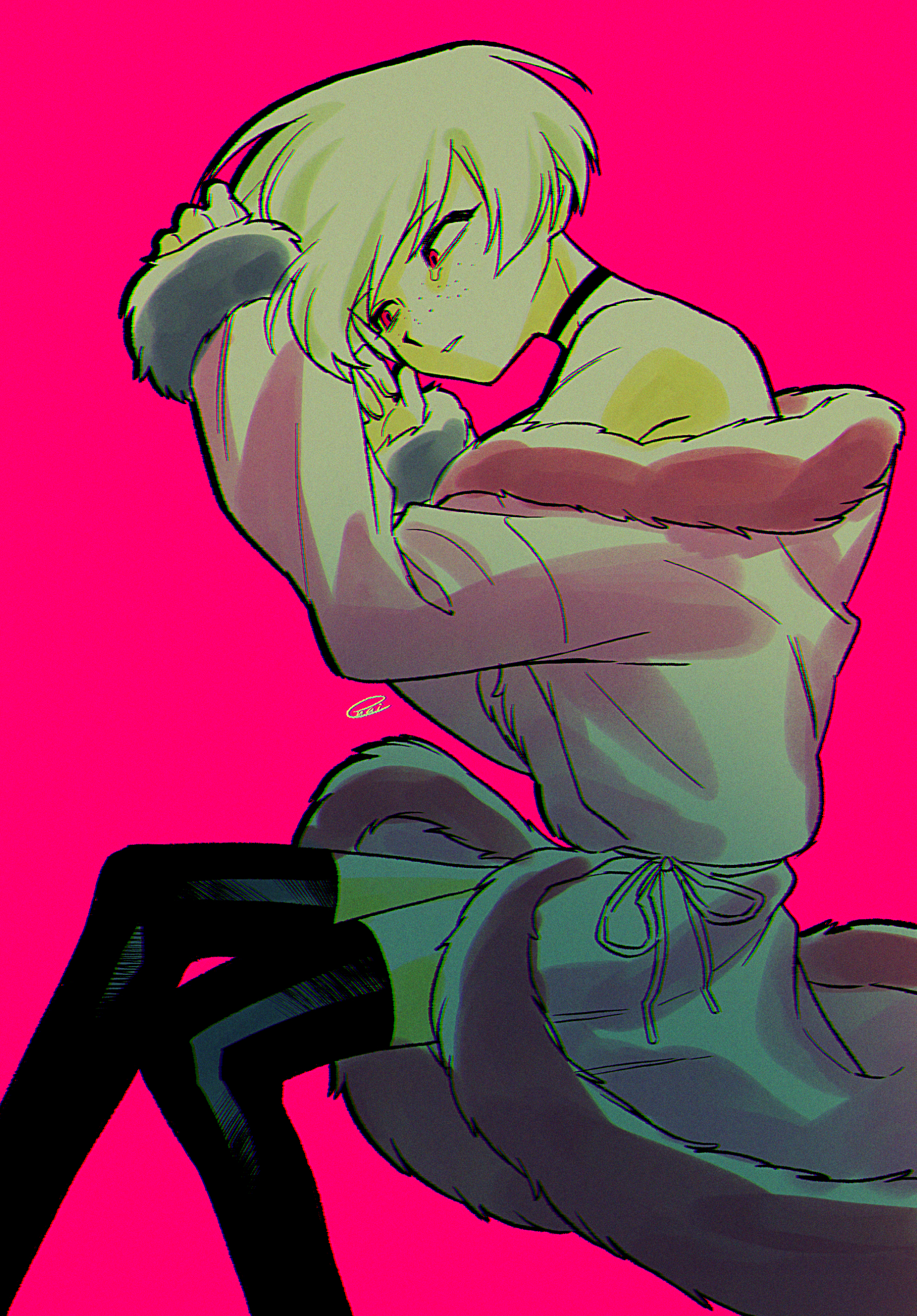 menma (enaic31), angel dust, hazbin hotel, hellaverse, absurdres, commentary request, highres, 1boy, arm up, bare shoulders, black choker, black thighhighs, choker, chromatic aberration, colored skin, film grain, fingernails, freckles, fur-trimmed robe, fur-trimmed sleeves, fur trim, hand up, humanization, invisible chair, long sleeves, looking to the side, male focus, official alternate costume, parted lips, pink background, pink robe, ribbon, robe, short hair, signature, simple background, sitting, solo, tearing up, thighhighs, very short hair, white hair, yellow skin