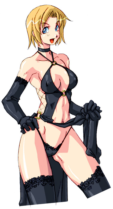 qkat (arikawa-dou), sarah bryant, virtua fighter, virtua fighter 5, blonde hair, blue eyes, breasts, choker, cleavage, elbow gloves, fishnets, gloves, lingerie, midriff, panties, short hair, thighhighs, thighs, underwear