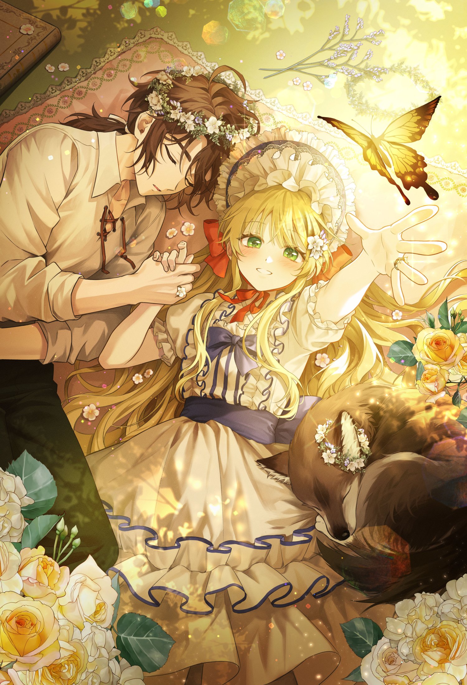 ongya, original, commentary request, highres, korean commentary, 1boy, 1girl, blonde hair, bonnet, brown hair, bug, butterfly, closed eyes, dappled sunlight, dress, flower, flower wreath, green eyes, grin, head wreath, holding hands, insect, jewelry, long hair, looking at viewer, lying, on back, outdoors, outstretched arm, ring, rose, short sleeves, sleeping, smile, sunlight, white dress, white flower