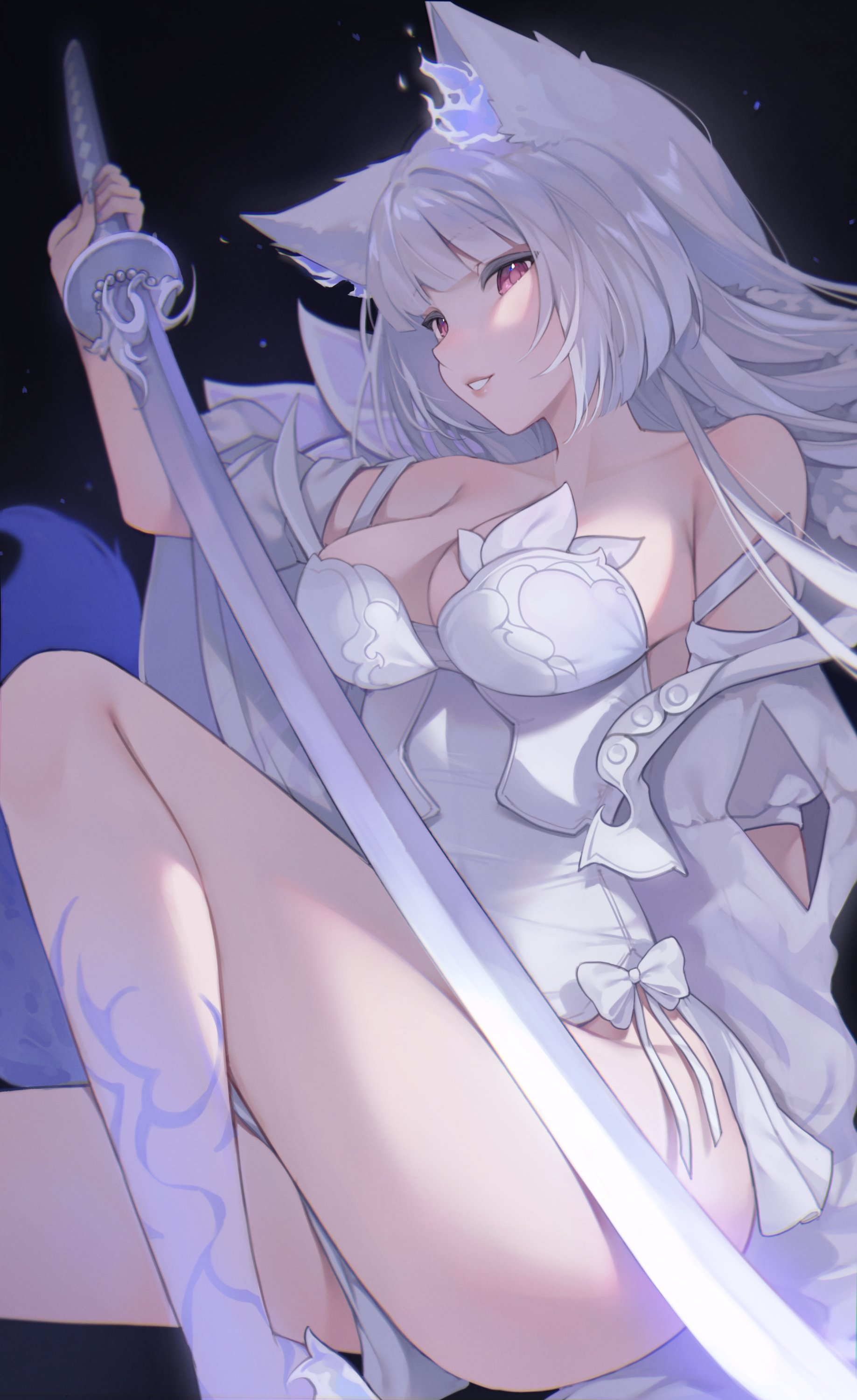 zaikiai, indie virtual youtuber, 1girl, animal ears, breasts, grey hair, long hair, red eyes, solo, sword, virtual youtuber, weapon