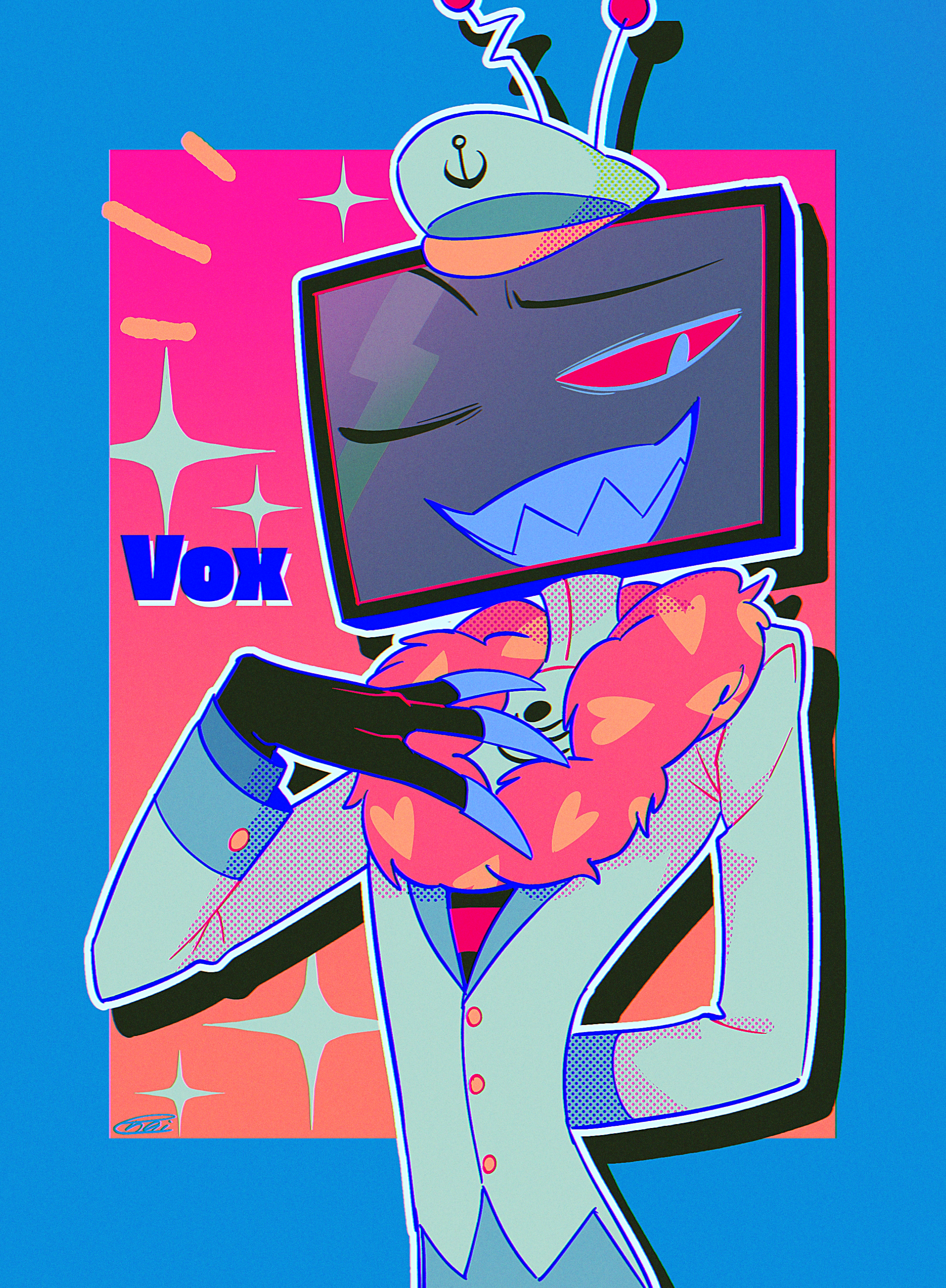 menma (enaic31), vox (hazbin hotel), hazbin hotel, hellaverse, absurdres, commentary request, highres, 1boy, ;d, arm behind back, black shirt, blue border, blue teeth, border, character name, chromatic aberration, colored sclera, colored teeth, drop shadow, fewer digits, film grain, from below, fur trim, grin, halftone, hand on own chest, hat, jacket, layered sleeves, long sleeves, looking at viewer, male focus, notice lines, object head, one eye closed, open mouth, outline, outside border, pink background, radio antenna, raised eyebrow, red sclera, red shirt, sharp teeth, shirt, simple background, smile, solo, sparkle, striped clothes, striped shirt, teeth, television, two-tone shirt, upper body, white hat, white jacket, white outline