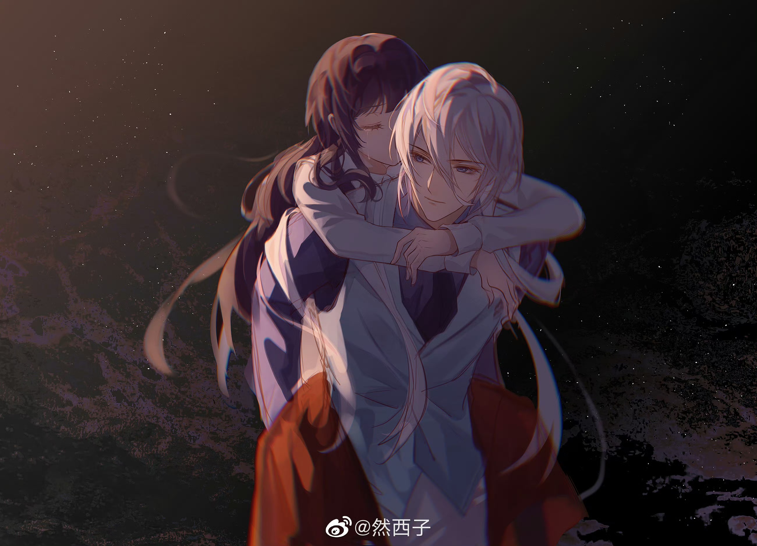 ranxizi, cael anselm, heroine (lovebrush chronicles), lovebrush chronicles, chinese commentary, highres, 1boy, 1girl, black background, black hair, blunt bangs, carrying, closed eyes, closed mouth, collared shirt, covered mouth, cowboy shot, crying, hair between eyes, light particles, long bangs, long hair, long hair between eyes, long sleeves, looking at another, male focus, necktie, no jacket, pants, piggyback, purple eyes, purple necktie, purple shirt, red skirt, shirt, sideways glance, skirt, smile, standing, vest, watermark, weibo watermark, white hair, white pants, white shirt, white vest