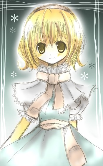 alice margatroid, touhou, 1girl, arms behind back, blonde hair, capelet, dress, female focus, hairband, looking at viewer, oekaki, puffy short sleeves, puffy sleeves, red ribbon, ribbon, sash, short hair, short sleeves, smile, solo, yellow eyes