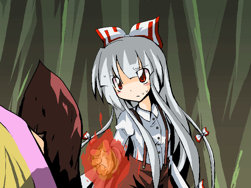 neki-t, fujiwara no mokou, touhou, silver hair, 1girl, bamboo, blush, buttons, collared shirt, dress shirt, female focus, fire, long sleeves, oekaki, pants, red eyes, shirt, sidelocks, solo, standing, suspenders, upper body, white shirt