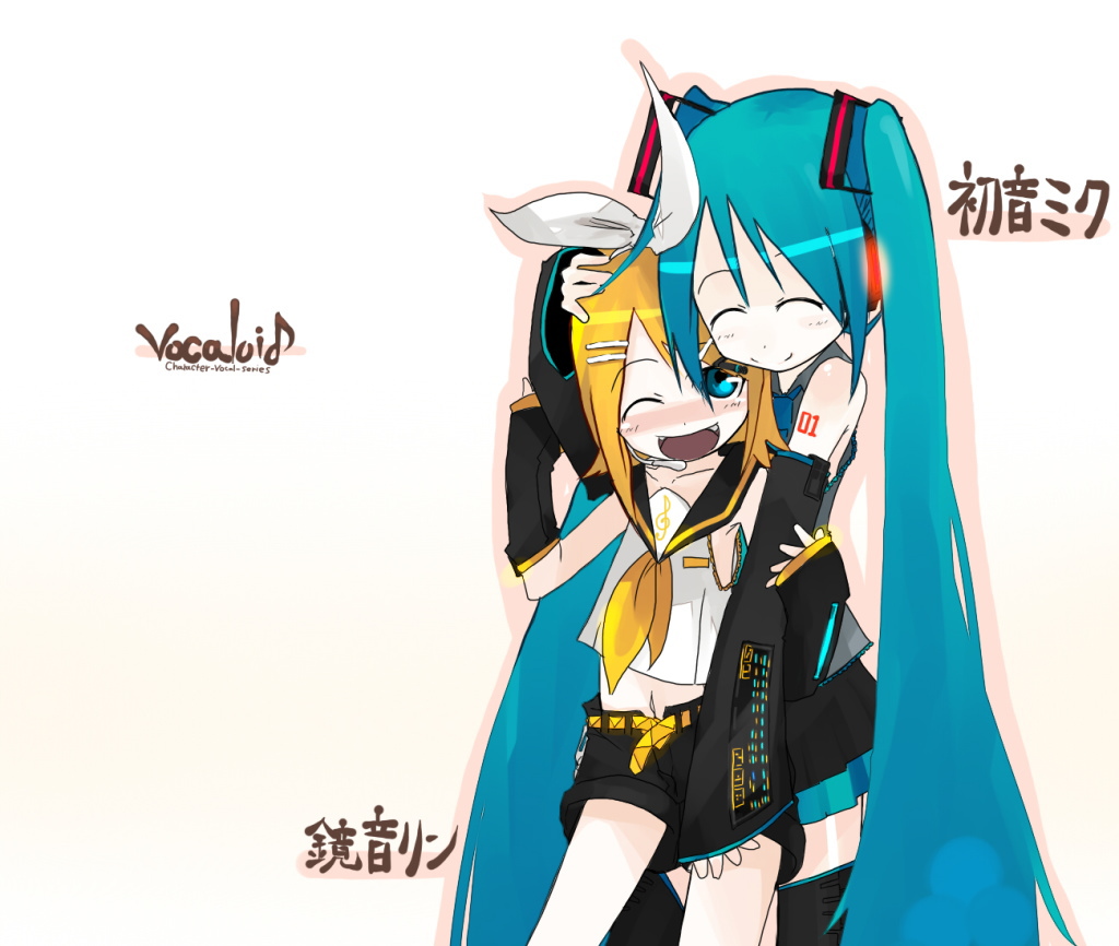 fukunaga, hatsune miku, kagamine rin, vocaloid, 2girls, fang, long hair, multiple girls, thighhighs, twintails, very long hair