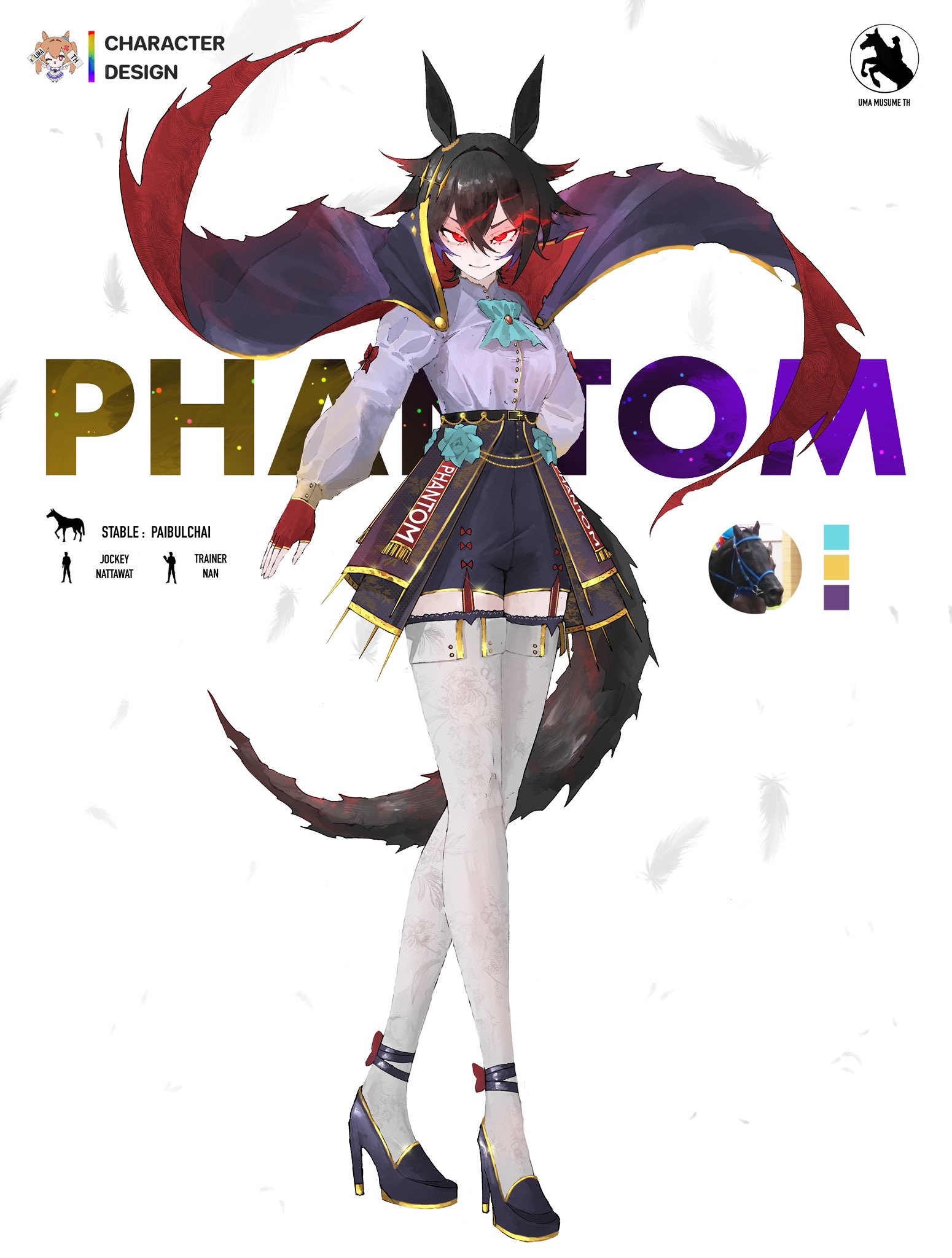 isaac x235, original, highres, 1girl, animal ears, black hair, horse ears, horse girl, horse tail, phantom (racehorse), solo, standing, tail, thailand, white background