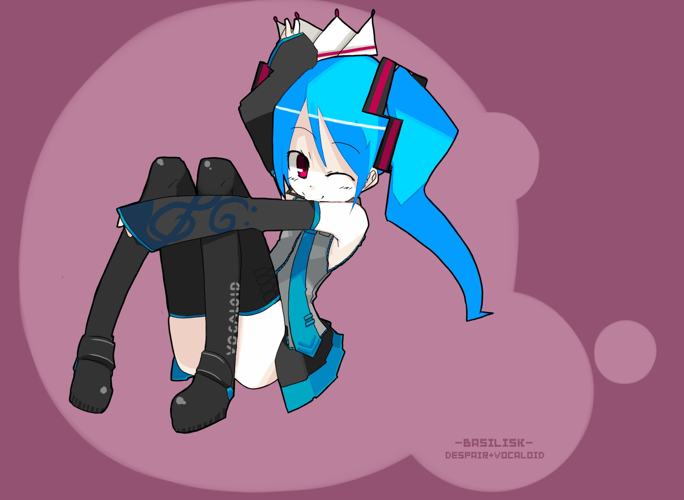 fukunaga, hatsune miku, vocaloid, 1girl, blue hair, crossover, detached sleeves, female focus, hat, microphone, necktie, one eye closed, parody, purple eyes, skirt, smile, solo, thighhighs, wink
