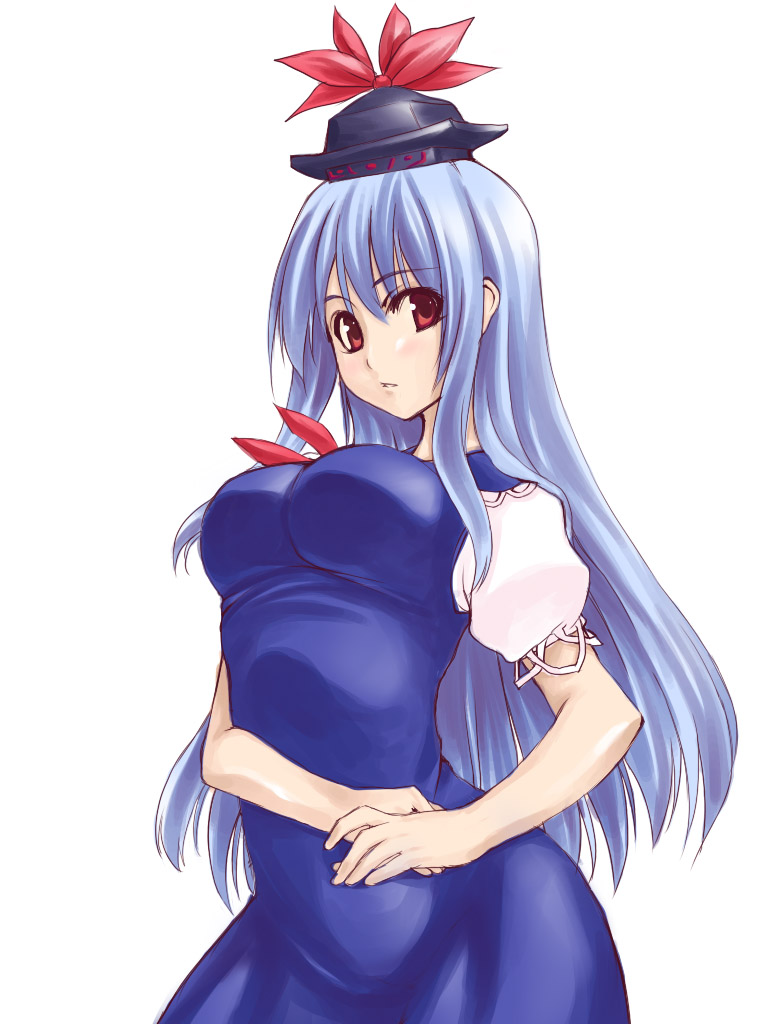 oohira sansetto, oohira sunset, kamishirasawa keine, touhou, eyebrows, 1girl, blue dress, blue hair, breasts, cowboy shot, dress, female focus, hat, large breasts, long hair, looking at viewer, puffy short sleeves, puffy sleeves, red eyes, short sleeves, simple background, solo, standing, white background