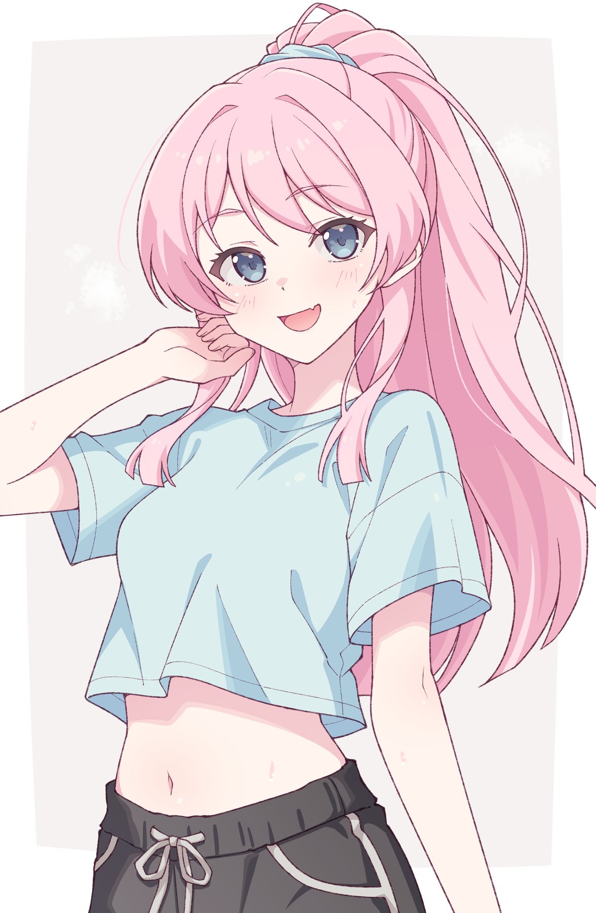 e20, chihaya anon, bang dream!, bang dream! it's mygo!!!!!, commentary, highres, 1girl, blue eyes, blue shirt, blush, breasts, crop top, fang, long hair, looking at viewer, medium breasts, midriff, navel, open mouth, pink hair, ponytail, shirt, short sleeves, skin fang, smile, solo
