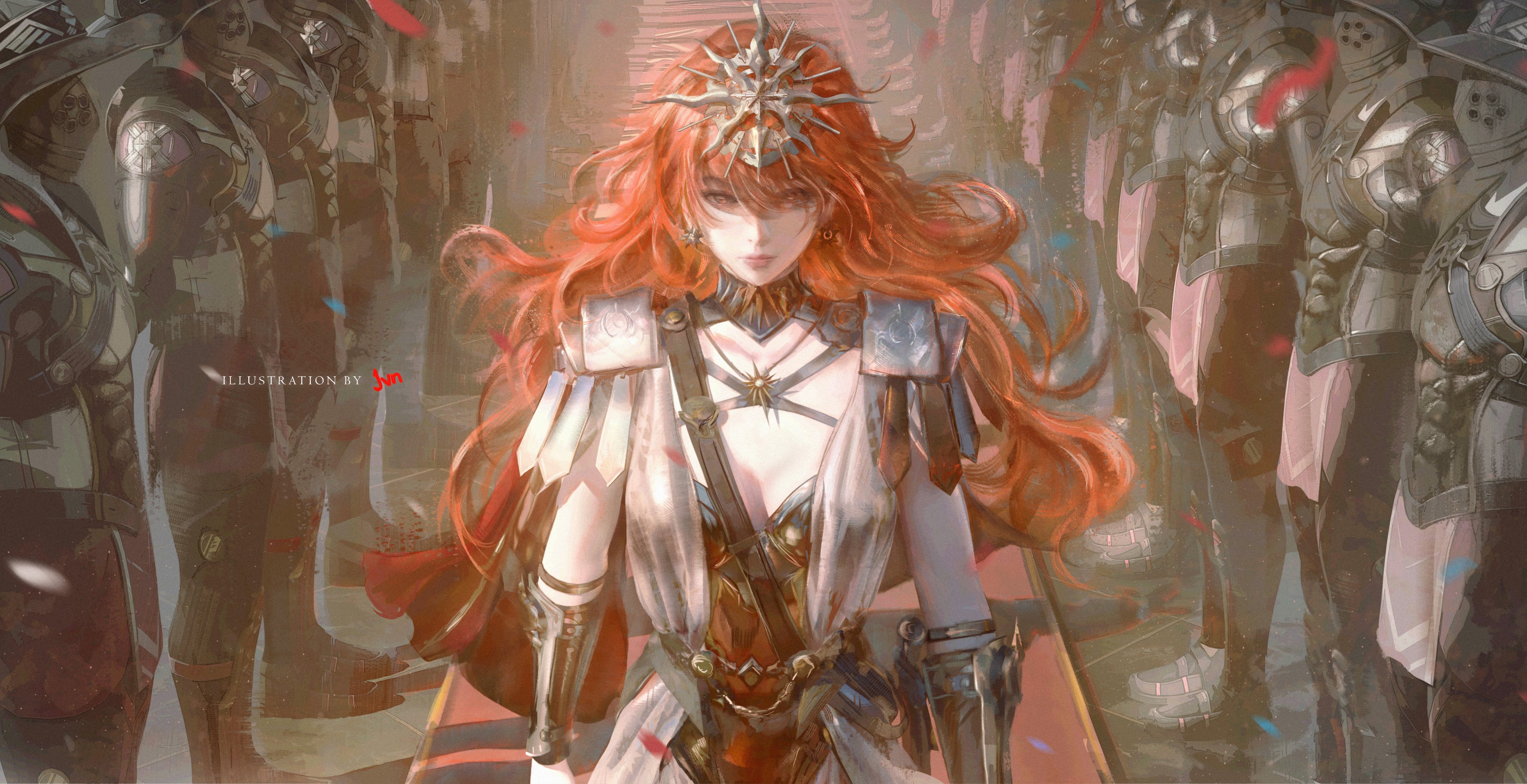 jvn, augusta (wuthering waves), wuthering waves, absurdres, commentary, highres, 1girl, ancient greek clothes, arm armor, armor, artist name, black collar, breastplate, breasts, closed mouth, collar, dress, earrings, greco-roman clothes, headgear, jewelry, long hair, looking at viewer, medium breasts, orange eyes, orange hair, people, sheath, sun earrings, sun necklace, very long hair, white dress