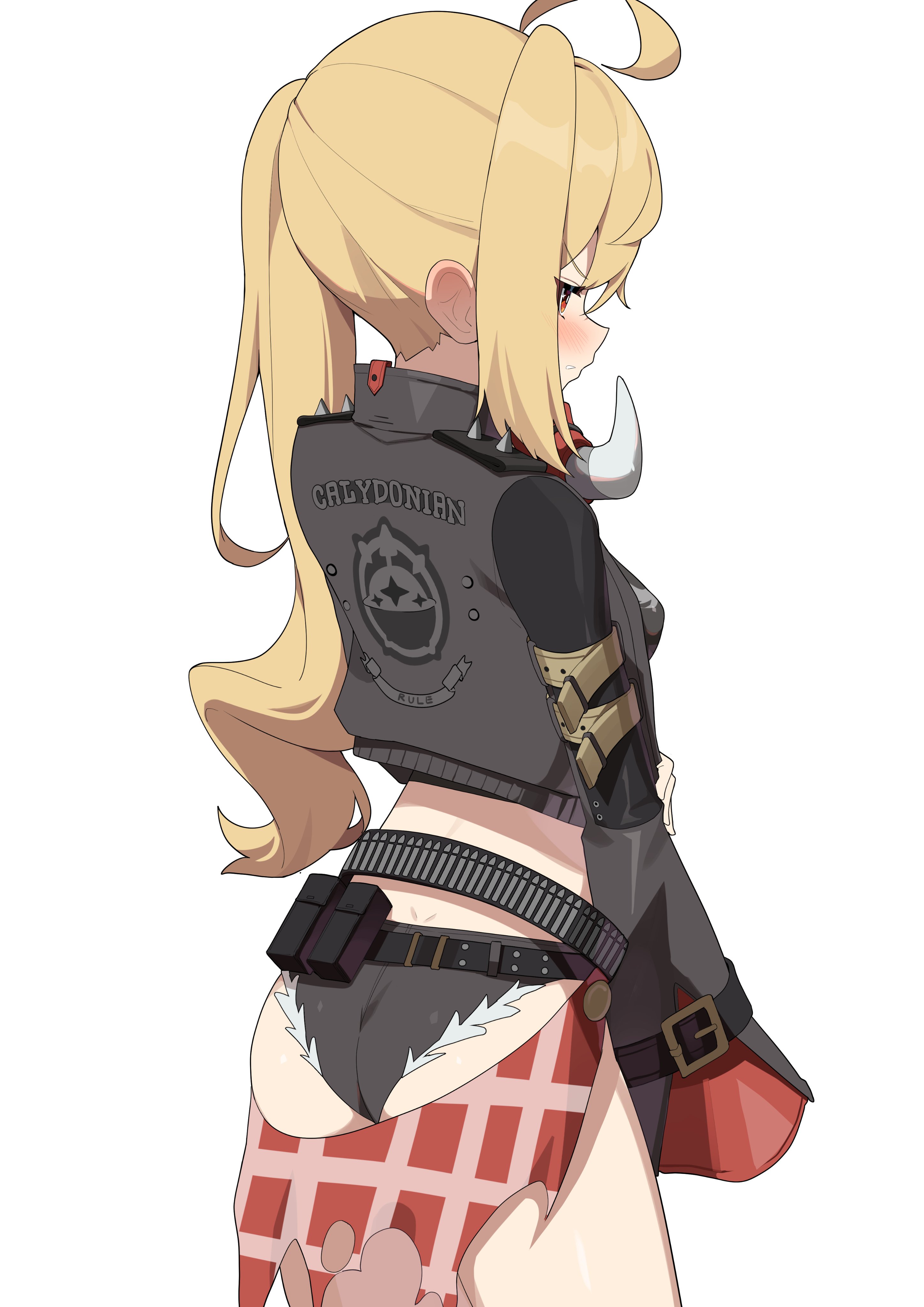 w.k, luciana de montefio, zenless zone zero, absurdres, hashtag-only commentary, highres, 1girl, ahoge, ass, black jacket, black shorts, blonde hair, blush, closed mouth, denim, denim shorts, from behind, jacket, long hair, long sleeves, looking at viewer, no headwear, red eyes, shorts, side ponytail, simple background, white background