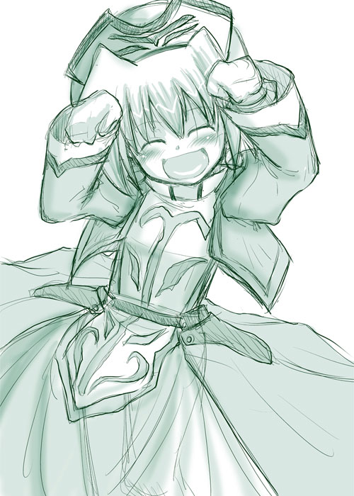 mitsurugi tsurugi, shamal, lyrical nanoha, mahou shoujo lyrical nanoha, mahou shoujo lyrical nanoha a's, 00s, 1girl, :d, caramelldansen, female focus, green theme, monochrome, open mouth, smile, solo