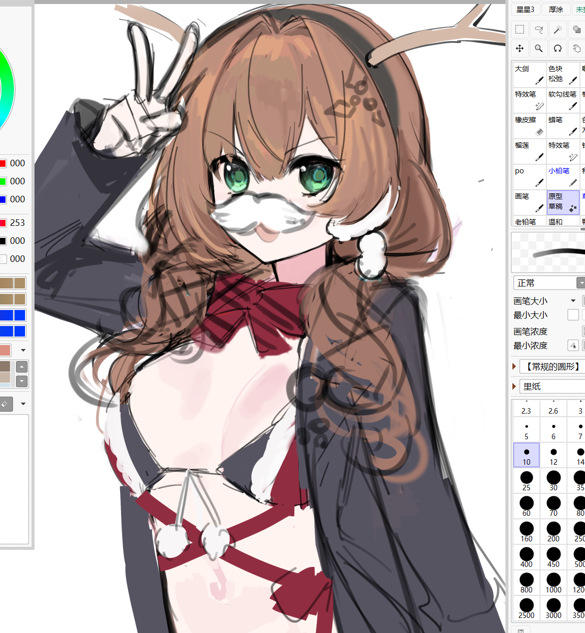 bisaytin, howa type 89 (girls' frontline), howa type 89 (reindeer manifesto) (girls' frontline), girls' frontline, painttool sai, highres, 1girl, antlers, arm up, bikini, black bikini, breasts, brown hair, checkered ribbon, christmas, fake facial hair, fake mustache, horns, jacket, official alternate costume, open clothes, open jacket, open mouth, reindeer antlers, santa bikini, santa costume, sketch, solo, swimsuit, twintails, upper body, v