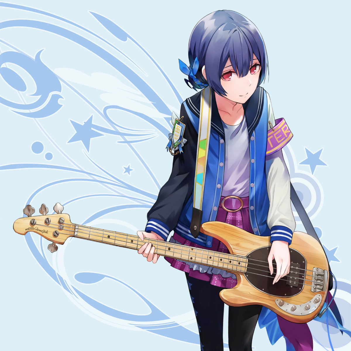 miz, morino rinze, idolmaster, idolmaster shiny colors, commentary request, highres, 1girl, bass guitar, black pantyhose, blue background, blue hair, grey shirt, hair between eyes, holding, holding bass guitar, holding instrument, idol clothes, instrument, jacket, letterman jacket, multicolored jacket, open clothes, open jacket, pantyhose, plaid clothes, plaid skirt, purple skirt, red eyes, sailor collar, shirt, skirt