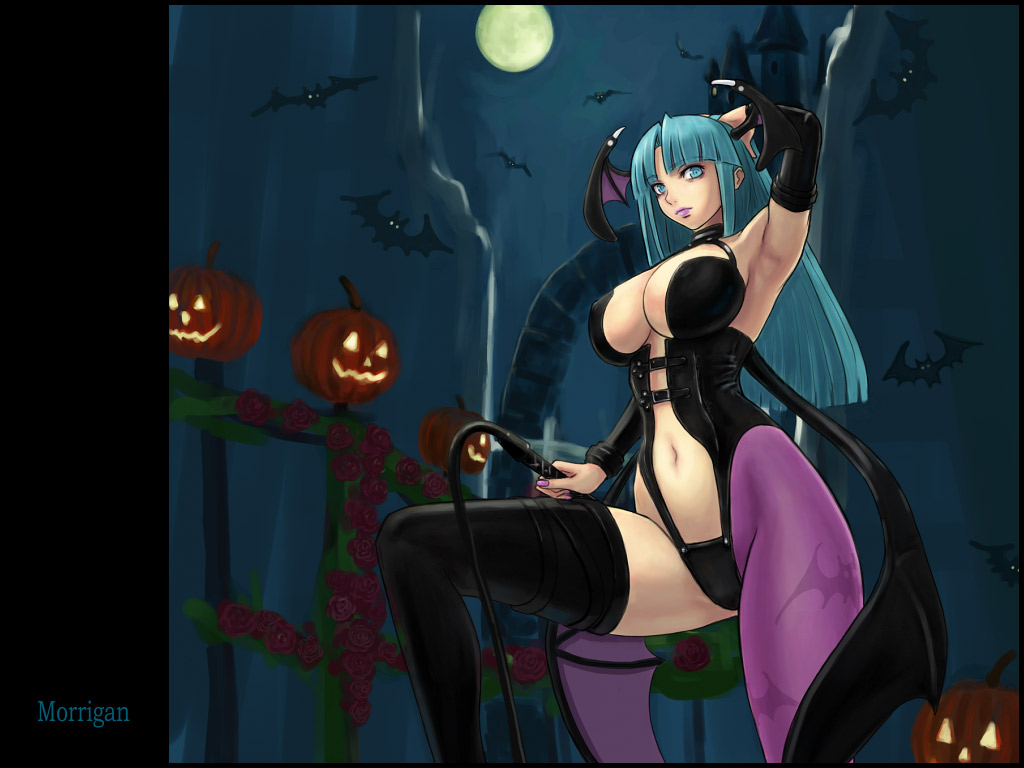 ark (morita hitomi), morrigan aensland, capcom, darkstalkers, print legwear, 1girl, alternate costume, animal print, armpits, asymmetrical legwear, bat (animal), bat print, blue eyes, blue hair, character name, demon girl, female focus, fingernails, full moon, halloween, hand on own head, head wings, jack-o'-lantern, long fingernails, matching hair/eyes, mismatched legwear, moon, nail (hardware), nail polish, pantyhose, solo, thighhighs, wings