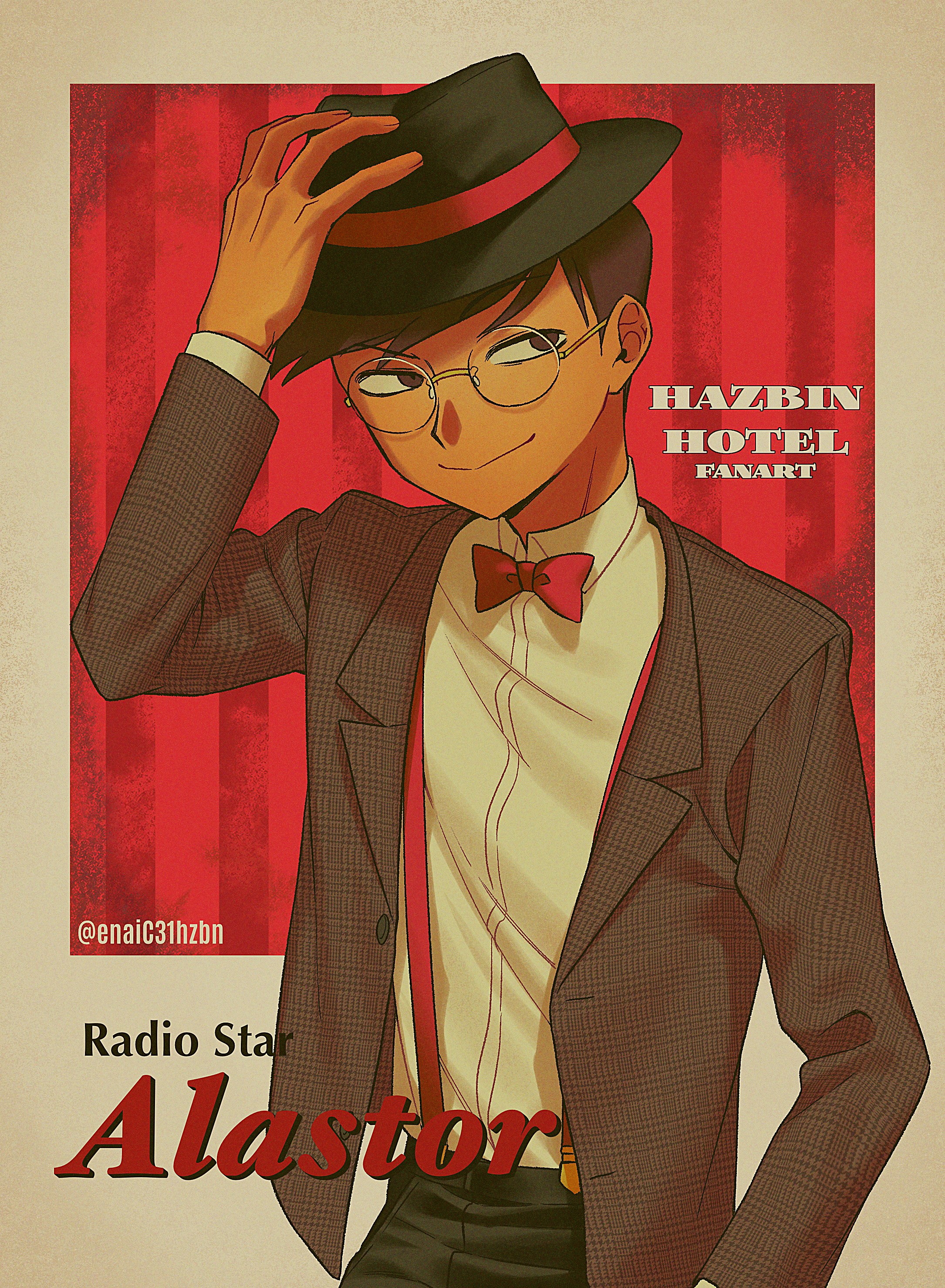 menma (enaic31), alastor (hazbin hotel), hazbin hotel, hellaverse, absurdres, commentary request, highres, 1boy, adjusting clothes, adjusting headwear, alastor (human) (hazbin hotel), arm up, black hat, black pants, border, bow, bowtie, brown eyes, brown hair, character name, chromatic aberration, closed mouth, collared shirt, copyright name, dark-skinned male, dark skin, fedora, film grain, glasses, grey border, grey jacket, hair behind ear, hat, jacket, lapels, layered sleeves, long sleeves, looking at viewer, male focus, notched lapels, open clothes, open jacket, outside border, pants, raised eyebrow, red background, red bow, red bowtie, red suspenders, round eyewear, shirt, short hair, simple background, smile, solo, striped background, suspenders, swept bangs, traditional bowtie, twitter username, vertical-striped background, very short hair, white-framed eyewear, white shirt